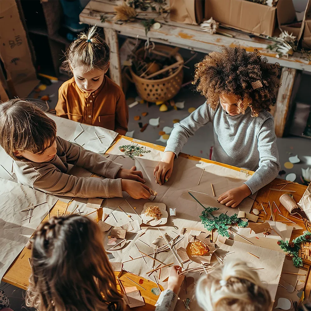 niños creado y pintando, reunidos en una mesa
